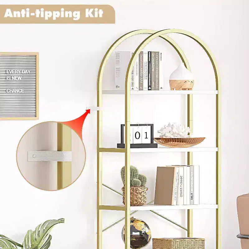2 packs 5-Tier Arched Bookshelf with Metal Frame, Tall Standing Display Storage Rack for Bedroom Living Room Home Office, White & Gold