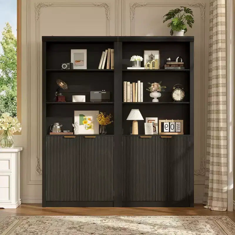 71 Tall Bookshelf with Fluted Doors, 5 Tier Bookcase Display Shelves with Storage Cabinet & Adjustable Shelf, Mid-Century Modern Bookshelves