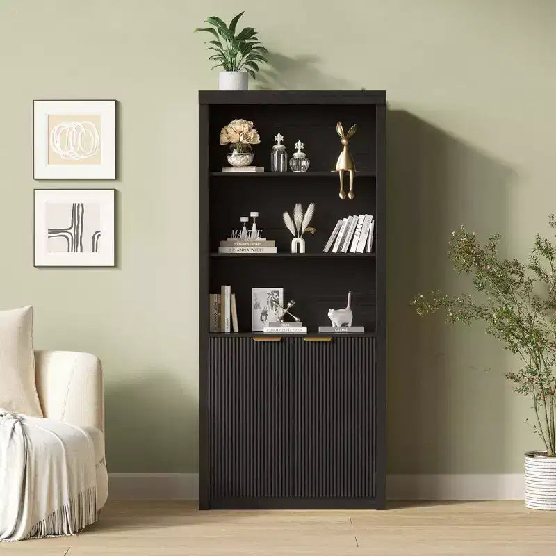 71 Tall Bookshelf with Fluted Doors, 5 Tier Bookcase Display Shelves with Storage Cabinet & Adjustable Shelf, Mid-Century Modern Bookshelves