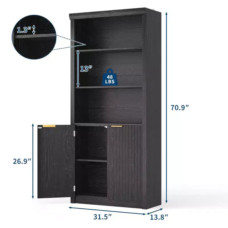 71 Tall Bookshelf with Fluted Doors, 5 Tier Bookcase Display Shelves with Storage Cabinet & Adjustable Shelf, Mid-Century Modern Bookshelves