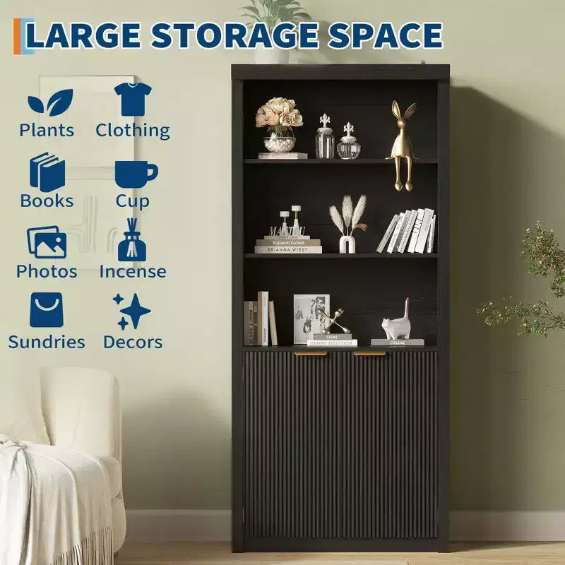 71 Tall Bookshelf with Fluted Doors, 5 Tier Bookcase Display Shelves with Storage Cabinet & Adjustable Shelf, Mid-Century Modern Bookshelves