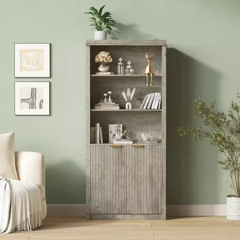 71 Tall Bookshelf with Fluted Doors, 5 Tier Bookcase Display Shelves with Storage Cabinet & Adjustable Shelf, Mid-Century Modern Bookshelves