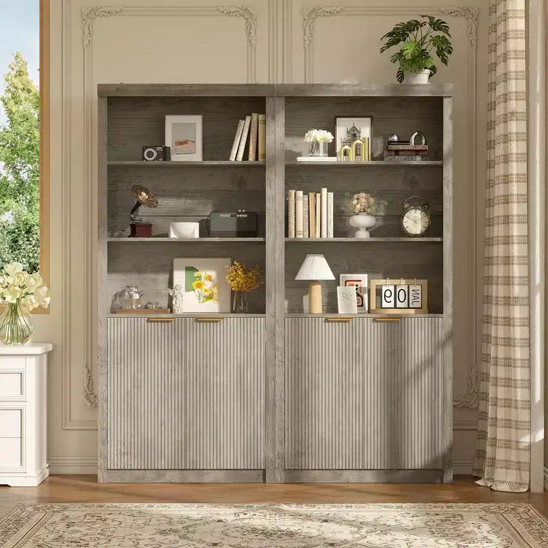 71 Tall Bookshelf with Fluted Doors, 5 Tier Bookcase Display Shelves with Storage Cabinet & Adjustable Shelf, Mid-Century Modern Bookshelves