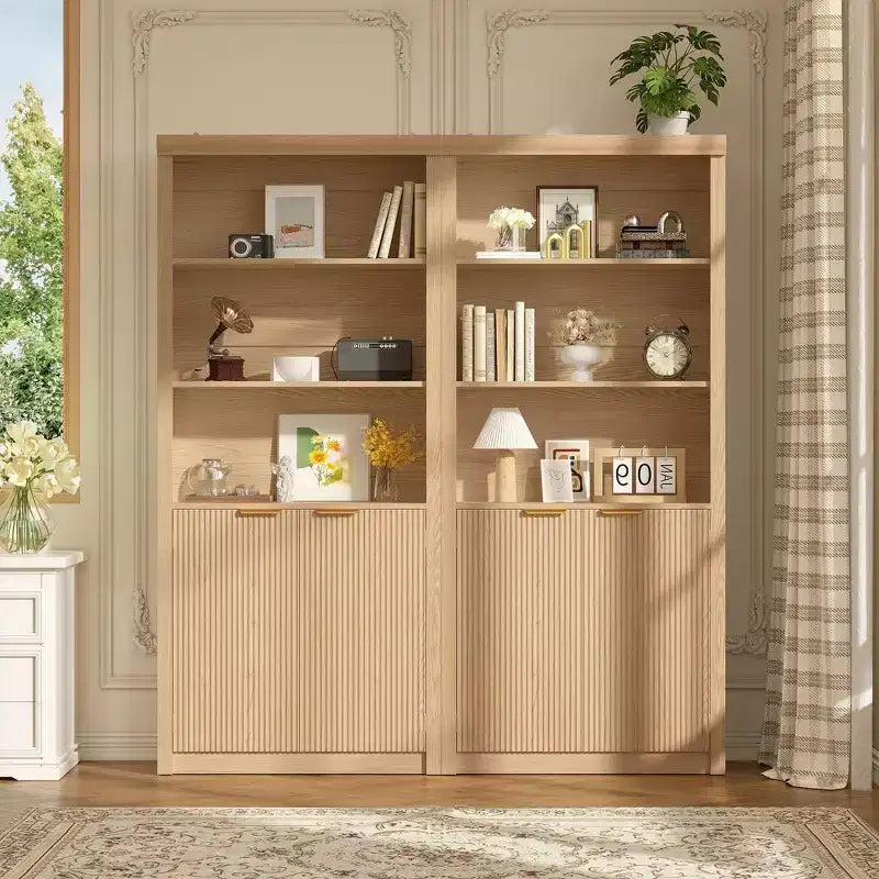 71 Tall Bookshelf with Fluted Doors, 5 Tier Bookcase Display Shelves with Storage Cabinet & Adjustable Shelf, Mid-Century Modern Bookshelves