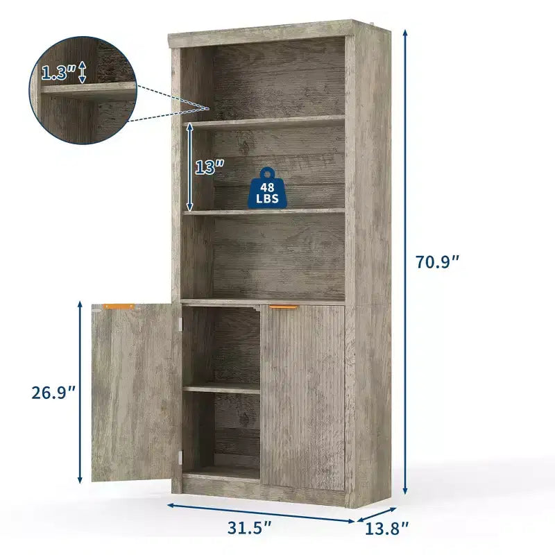 71 Tall Bookshelf with Fluted Doors, 5 Tier Bookcase Display Shelves with Storage Cabinet & Adjustable Shelf, Mid-Century Modern Bookshelves