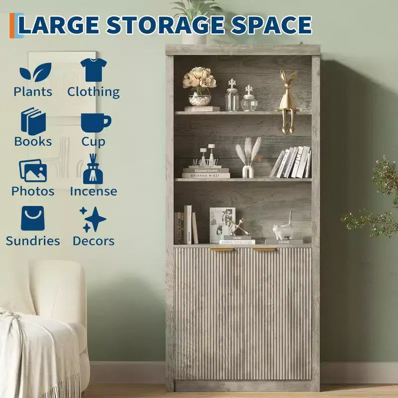 71 Tall Bookshelf with Fluted Doors, 5 Tier Bookcase Display Shelves with Storage Cabinet & Adjustable Shelf, Mid-Century Modern Bookshelves