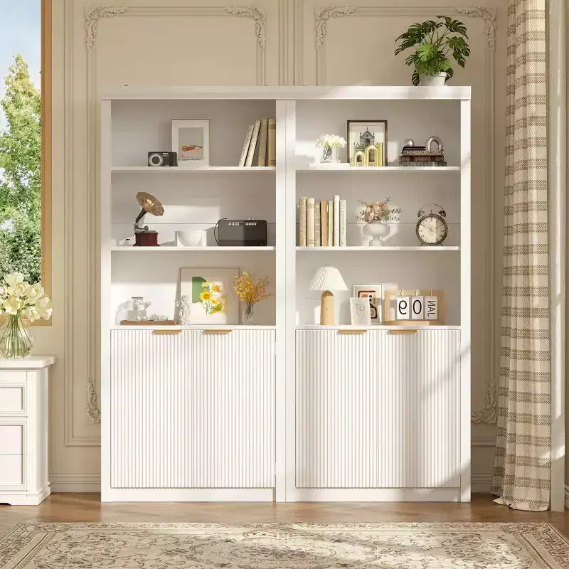 71 Tall Bookshelf with Fluted Doors, 5 Tier Bookcase Display Shelves with Storage Cabinet & Adjustable Shelf, Mid-Century Modern Bookshelves