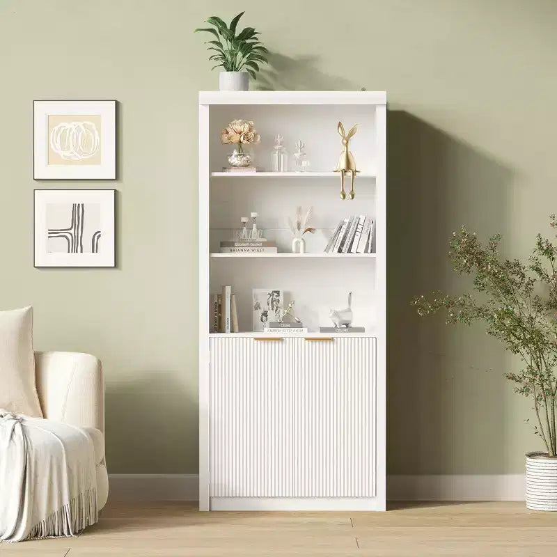 71 Tall Bookshelf with Fluted Doors, 5 Tier Bookcase Display Shelves with Storage Cabinet & Adjustable Shelf, Mid-Century Modern Bookshelves