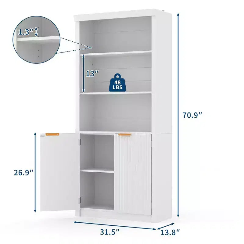 71 Tall Bookshelf with Fluted Doors, 5 Tier Bookcase Display Shelves with Storage Cabinet & Adjustable Shelf, Mid-Century Modern Bookshelves