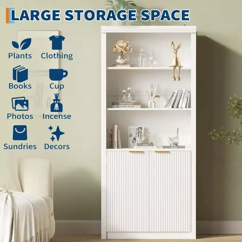 71 Tall Bookshelf with Fluted Doors, 5 Tier Bookcase Display Shelves with Storage Cabinet & Adjustable Shelf, Mid-Century Modern Bookshelves