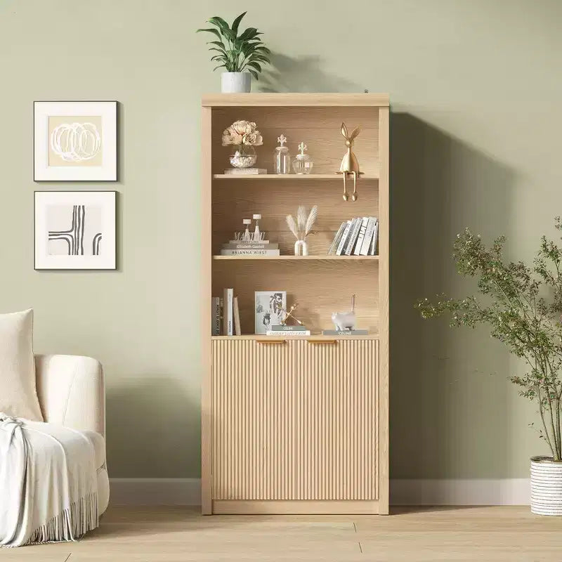 71 Tall Bookshelf with Fluted Doors, 5 Tier Bookcase Display Shelves with Storage Cabinet & Adjustable Shelf, Mid-Century Modern Bookshelves