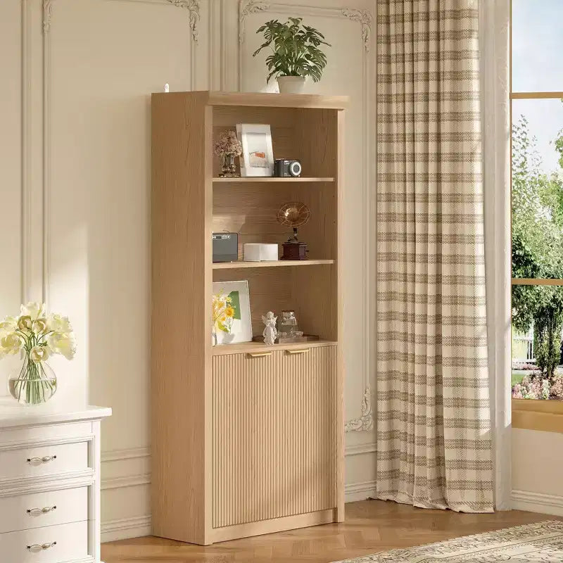 71 Tall Bookshelf with Fluted Doors, 5 Tier Bookcase Display Shelves with Storage Cabinet & Adjustable Shelf, Mid-Century Modern Bookshelves