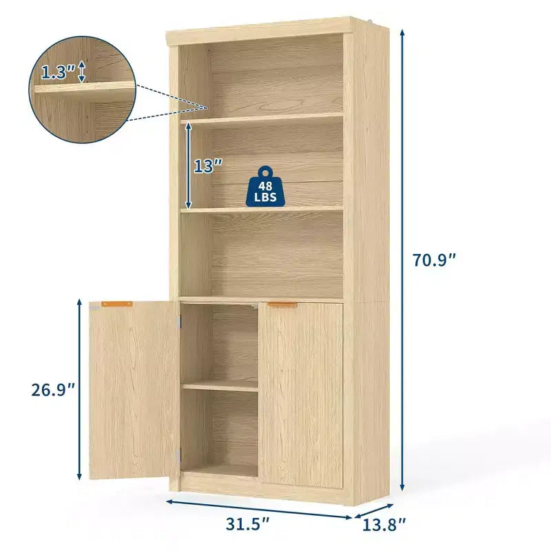 71 Tall Bookshelf with Fluted Doors, 5 Tier Bookcase Display Shelves with Storage Cabinet & Adjustable Shelf, Mid-Century Modern Bookshelves
