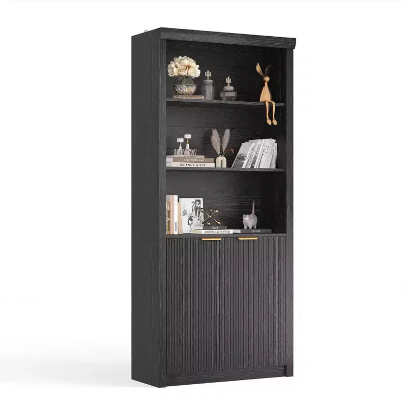 71 Tall Bookshelf with Fluted Doors, 5 Tier Bookcase Display Shelves with Storage Cabinet & Adjustable Shelf, Mid-Century Modern Bookshelves