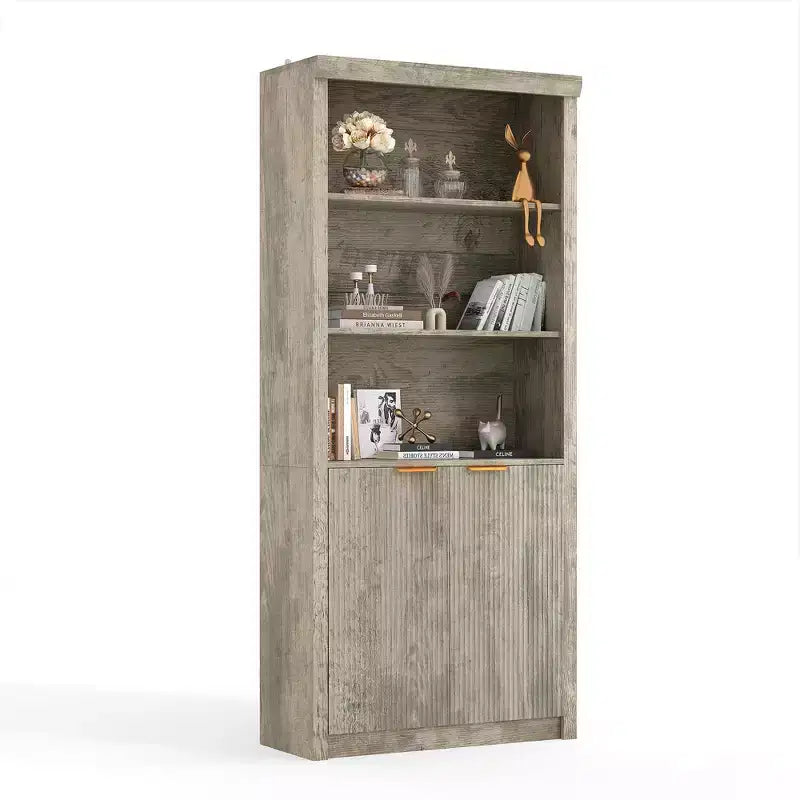71 Tall Bookshelf with Fluted Doors, 5 Tier Bookcase Display Shelves with Storage Cabinet & Adjustable Shelf, Mid-Century Modern Bookshelves