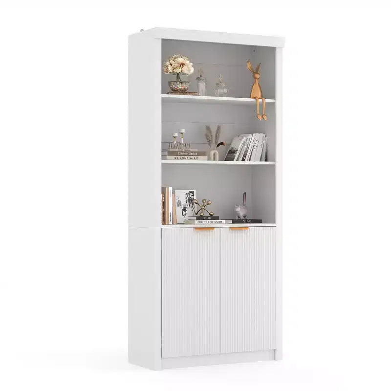 71 Tall Bookshelf with Fluted Doors, 5 Tier Bookcase Display Shelves with Storage Cabinet & Adjustable Shelf, Mid-Century Modern Bookshelves
