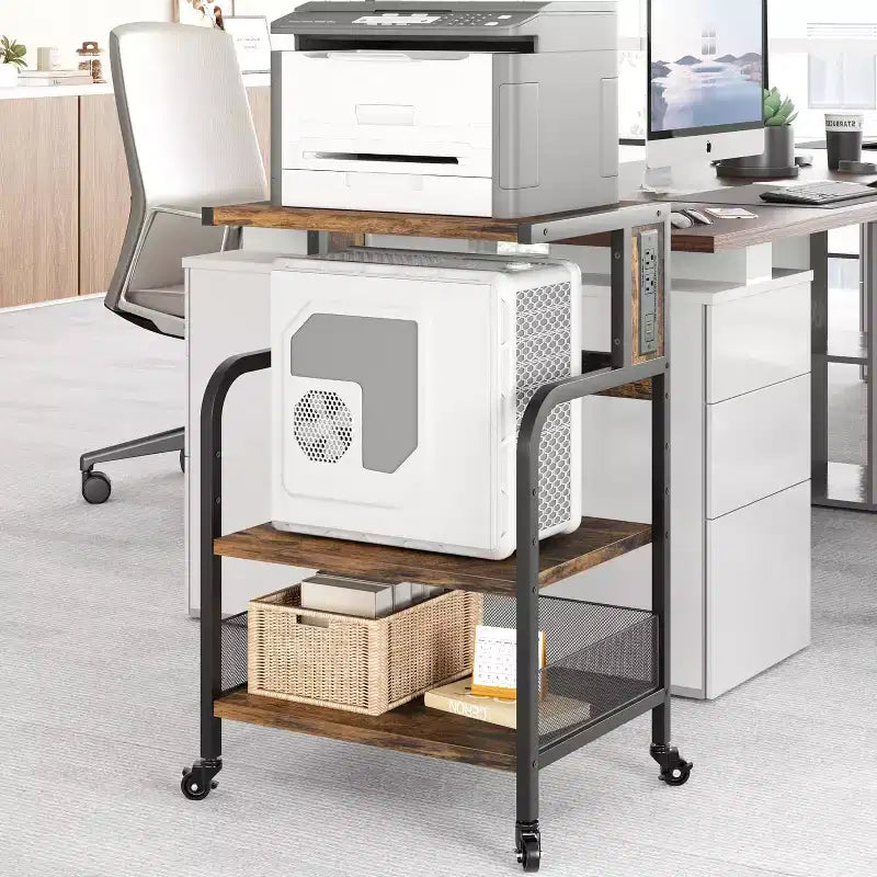 3-Tier Heavy Duty Rolling Printer Stand, Industrial Mobile Office Cart with Adjustable Storage Shelves, Lockable Wheels