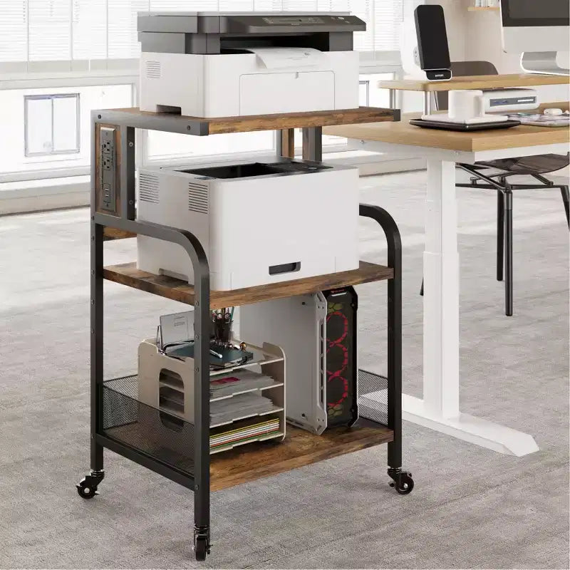 3-Tier Heavy Duty Rolling Printer Stand, Industrial Mobile Office Cart with Adjustable Storage Shelves, Lockable Wheels