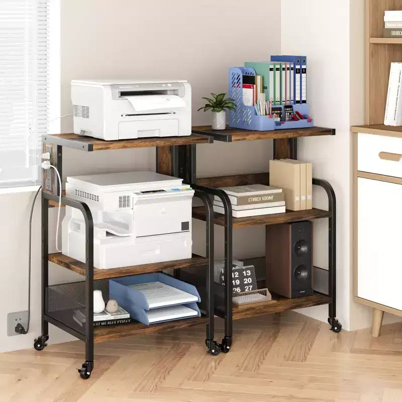 3-Tier Heavy Duty Rolling Printer Stand, Industrial Mobile Office Cart with Adjustable Storage Shelves, Lockable Wheels
