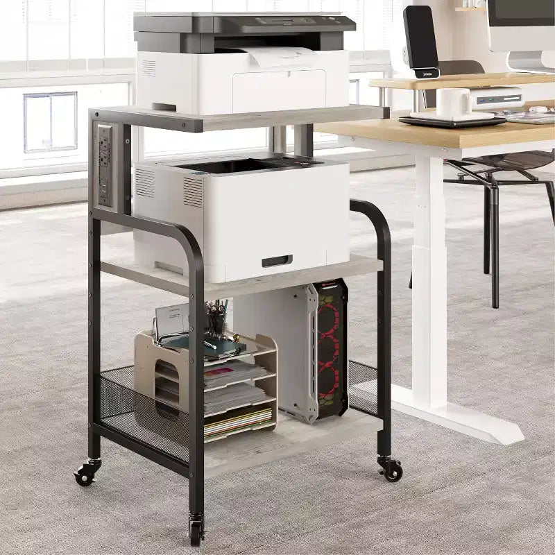 3-Tier Heavy Duty Rolling Printer Stand, Industrial Mobile Office Cart with Adjustable Storage Shelves, Lockable Wheels
