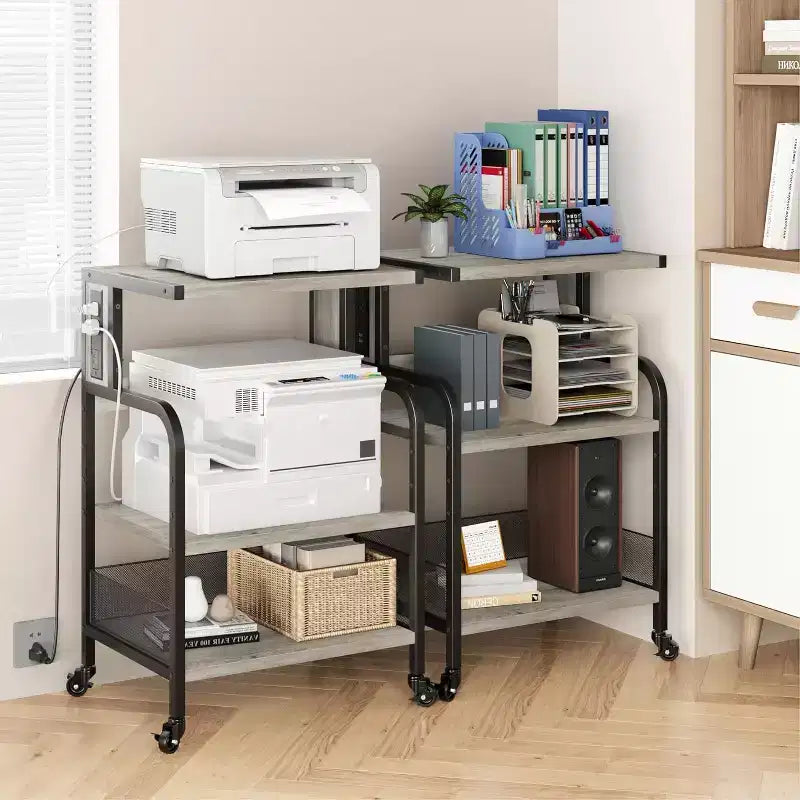 3-Tier Heavy Duty Rolling Printer Stand, Industrial Mobile Office Cart with Adjustable Storage Shelves, Lockable Wheels