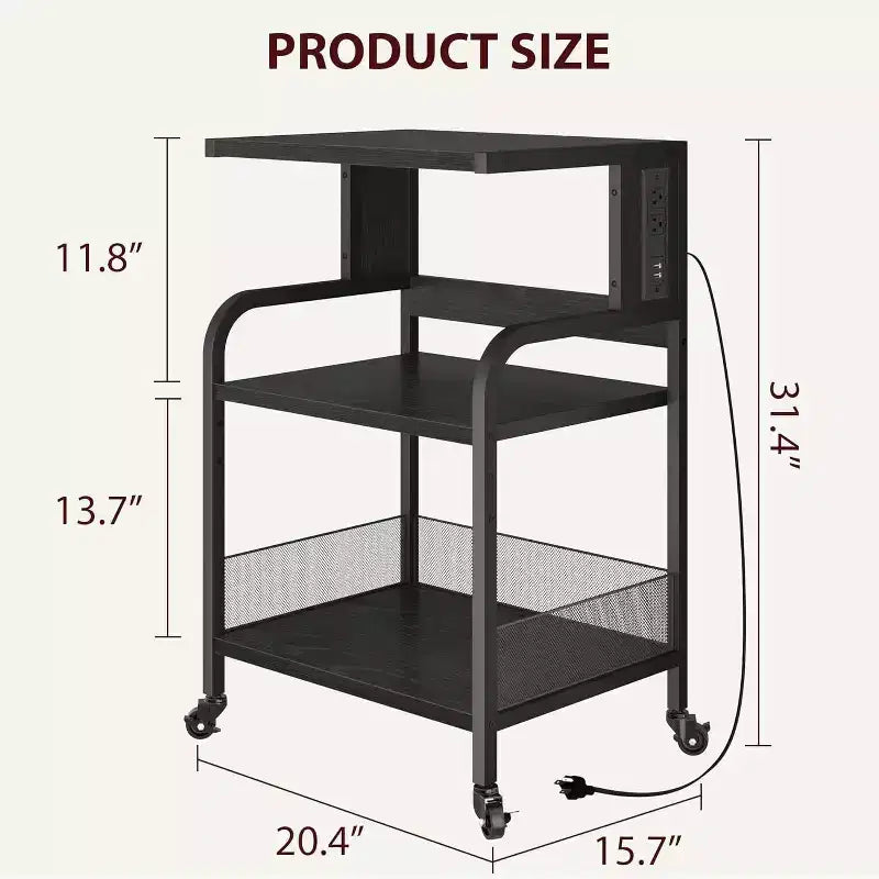 3-Tier Heavy Duty Rolling Printer Stand, Industrial Mobile Office Cart with Adjustable Storage Shelves, Lockable Wheels