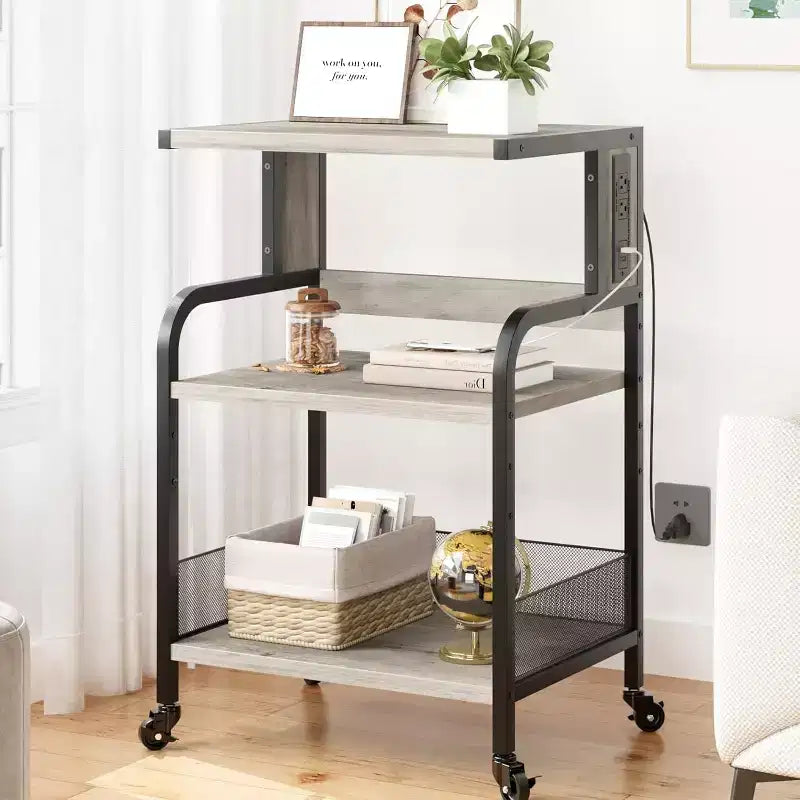3-Tier Heavy Duty Rolling Printer Stand, Industrial Mobile Office Cart with Adjustable Storage Shelves, Lockable Wheels