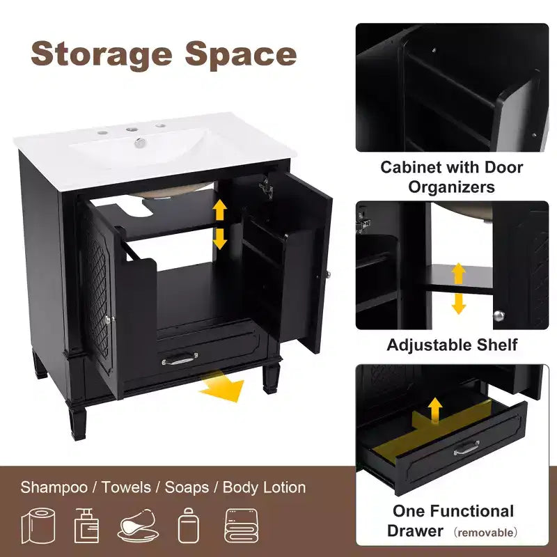 30 Bathroom Vanity Sink Combo, Bathroom storage Cabinet with Drawers and Door Shelf, Single Sink Bathroom Vanity