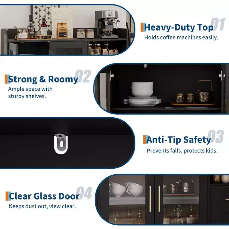 Wine Cabinet - Coffee Bar Station,High-Load-Bearing Capacity Liquor Cabinet with Drawers,Durable Double Glass Doors & Anti-Tipping Design