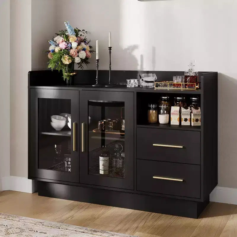 Wine Cabinet - Coffee Bar Station,High-Load-Bearing Capacity Liquor Cabinet with Drawers,Durable Double Glass Doors & Anti-Tipping Design