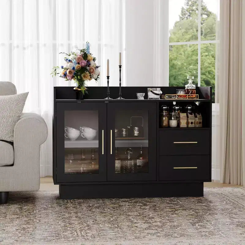 Wine Cabinet - Coffee Bar Station,High-Load-Bearing Capacity Liquor Cabinet with Drawers,Durable Double Glass Doors & Anti-Tipping Design