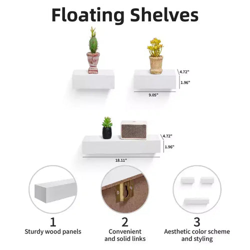 17.72 White Floating Shelf C invisible-bracket wood wall mount, perfect bathroom/bedroom/kitchen dcor or book/plant display, easy install.