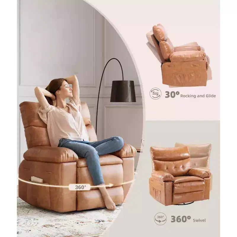 Electric Swivel Rocker Recliner Chair with Massage, Oversized PU Leather Lounge Chair, Comfortable Sofa Chair, Power Recliner for Living Room, Bedroom