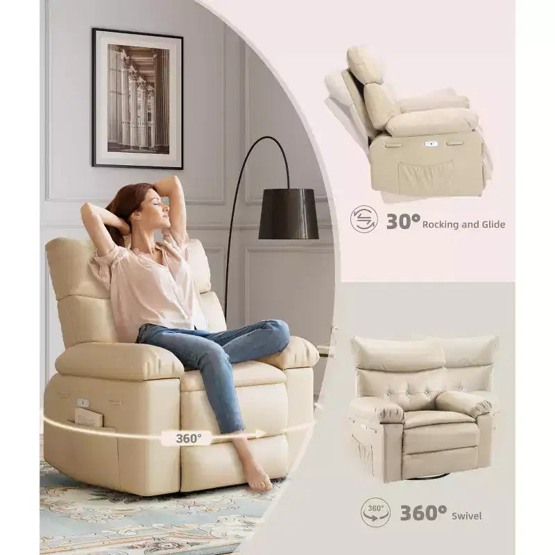 Electric Swivel Rocker Recliner Chair with Massage, Oversized PU Leather Lounge Chair, Comfortable Sofa Chair, Power Recliner for Living Room, Bedroom