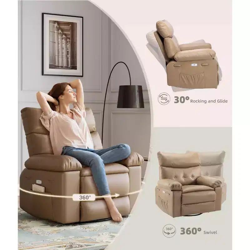 Electric Swivel Rocker Recliner Chair with Massage, Oversized PU Leather Lounge Chair, Comfortable Sofa Chair, Power Recliner for Living Room, Bedroom