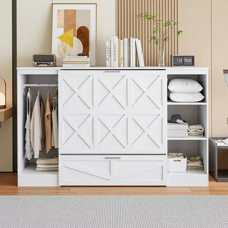 Twin Size Murphy Bed with Drawers and Wardrobe,Space-Saving Murphy Bed Twin with Drawer,Cabinet Murphy Bed, Foldable Bed Murphy Bed Chest White