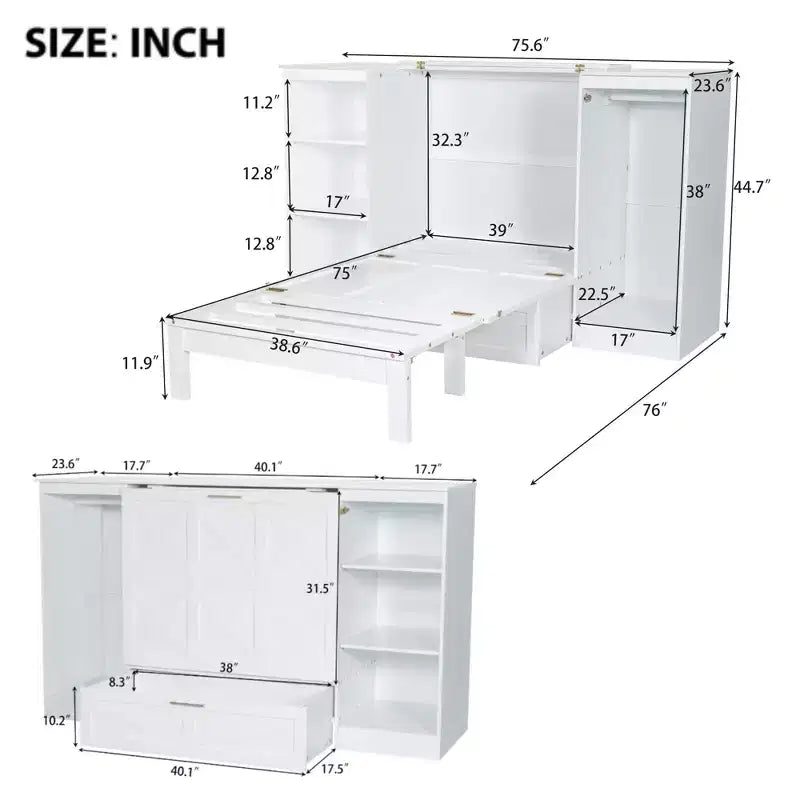 Twin Size Murphy Bed with Drawers and Wardrobe,Space-Saving Murphy Bed Twin with Drawer,Cabinet Murphy Bed, Foldable Bed Murphy Bed Chest White