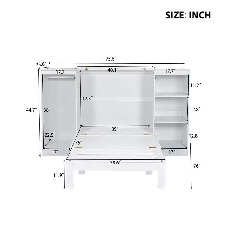 Twin Size Murphy Bed with Drawers and Wardrobe,Space-Saving Murphy Bed Twin with Drawer,Cabinet Murphy Bed, Foldable Bed Murphy Bed Chest White
