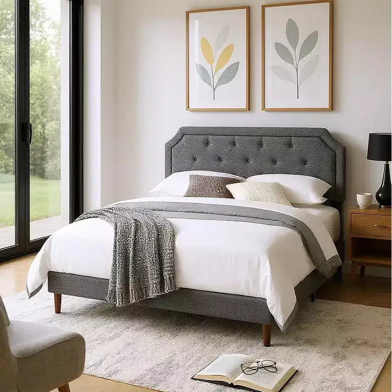 Linen Upholstered Adjustable Headboard Bed Frame
