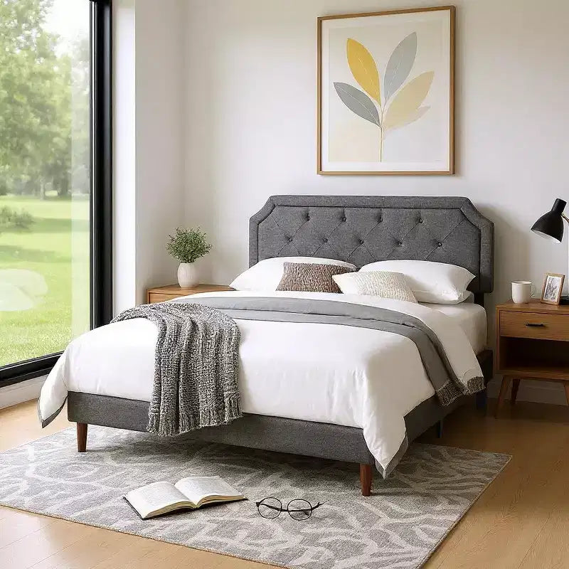 Linen Upholstered Adjustable Headboard Bed Frame