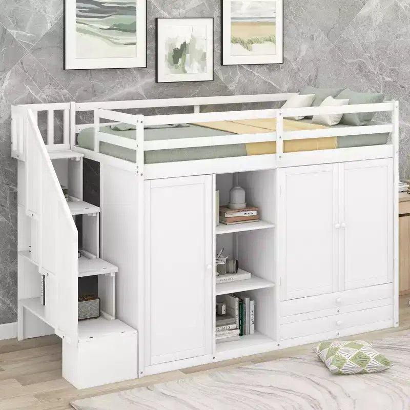 Loft Bed with 3 Shelves, 2 Wardrobes and 2 Drawers, Ladder with Storage