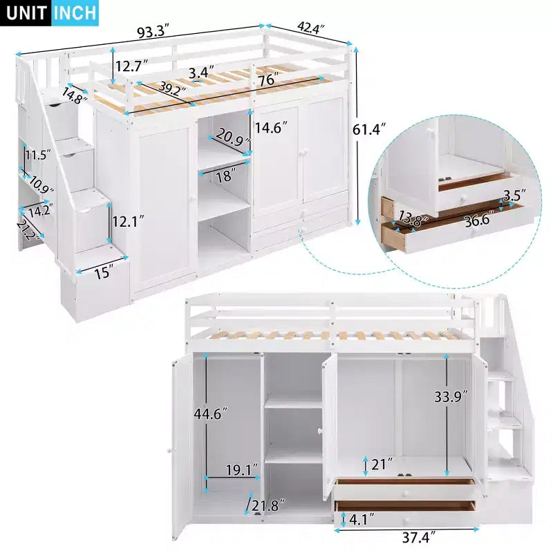 Loft Bed with 3 Shelves, 2 Wardrobes and 2 Drawers, Ladder with Storage