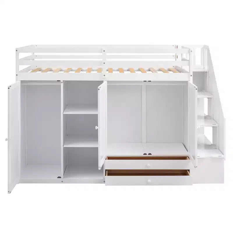 Loft Bed with 3 Shelves, 2 Wardrobes and 2 Drawers, Ladder with Storage