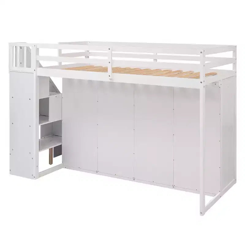 Loft Bed with 3 Shelves, 2 Wardrobes and 2 Drawers, Ladder with Storage