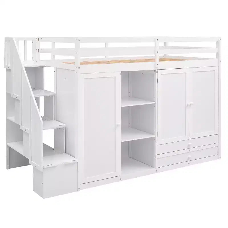 Loft Bed with 3 Shelves, 2 Wardrobes and 2 Drawers, Ladder with Storage