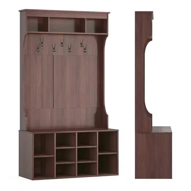 Black Walnut 71" Hall Tree with Shoe Storage, 7 Hooks - Freestanding, Adjustable Bench, Mudroom