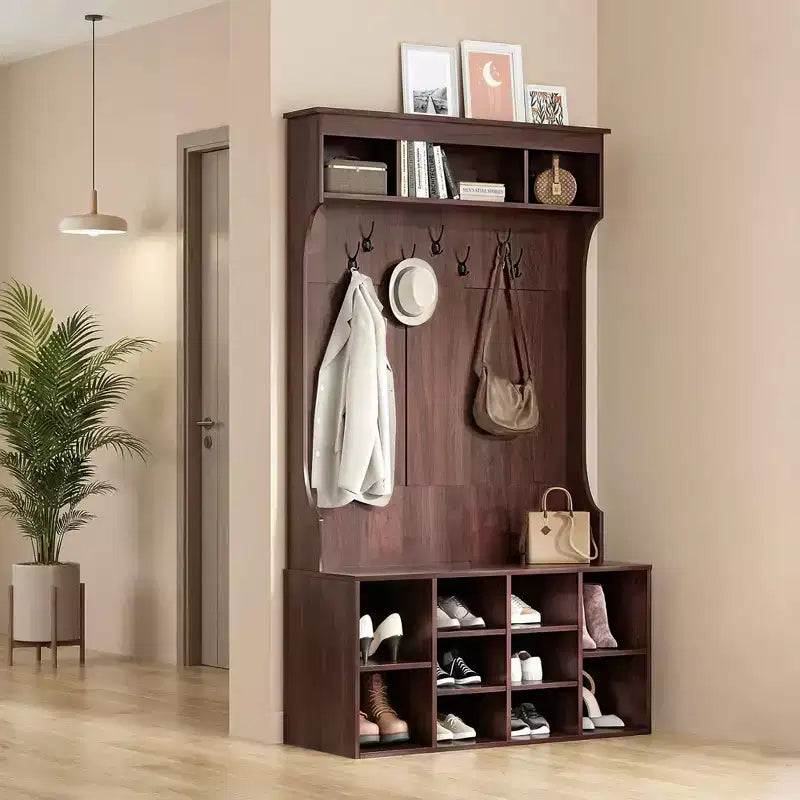 Black Walnut 71" Hall Tree with Shoe Storage, 7 Hooks - Freestanding, Adjustable Bench, Mudroom