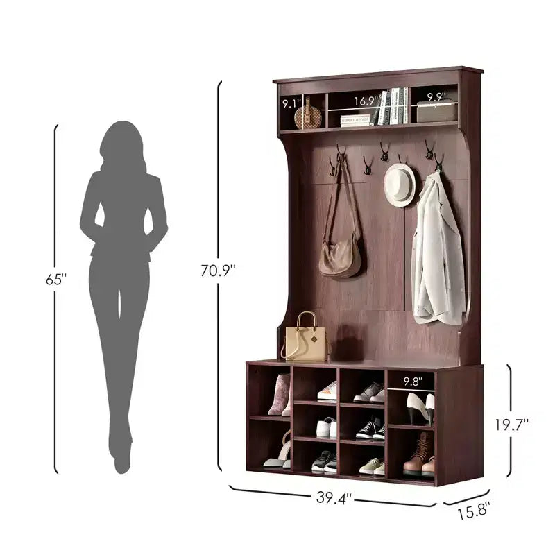 Black Walnut 71" Hall Tree with Shoe Storage, 7 Hooks - Freestanding, Adjustable Bench, Mudroom