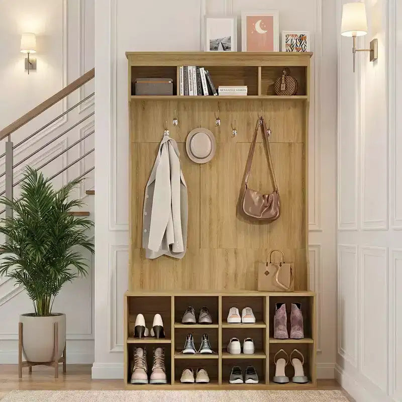 Black Walnut 71" Hall Tree with Shoe Storage, 7 Hooks - Freestanding, Adjustable Bench, Mudroom