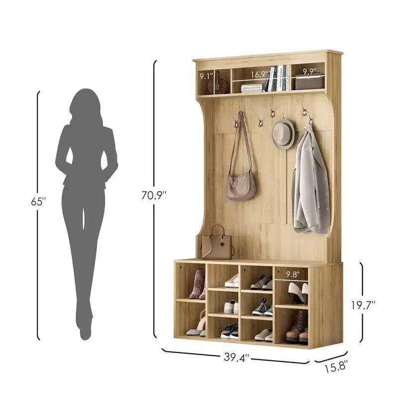 Black Walnut 71" Hall Tree with Shoe Storage, 7 Hooks - Freestanding, Adjustable Bench, Mudroom